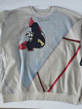 Xersion Beige Crewneck Sweatshirt with Red and Navy Hockey Graphic